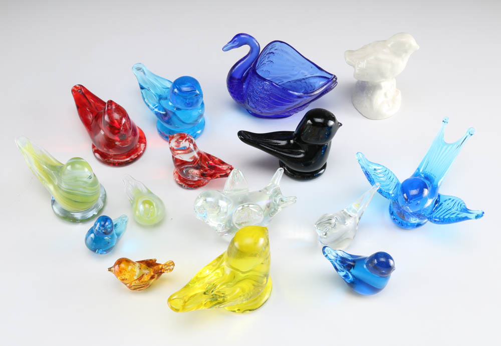 Collection of Glass Birds and Paperweights featuring Fenton