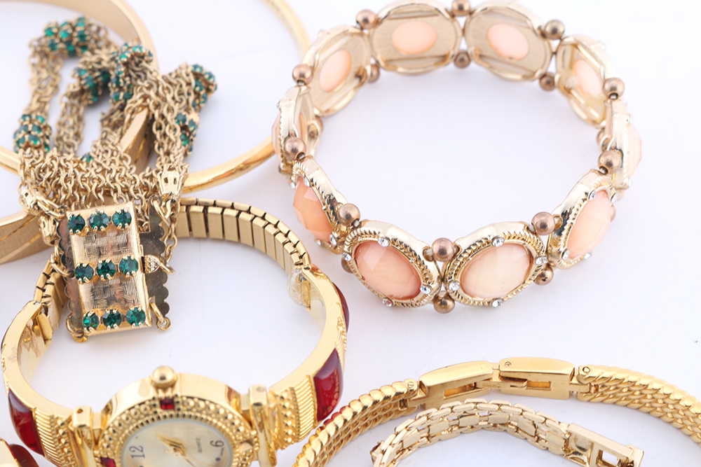 Group of Gold Tone Bracelets and Watch