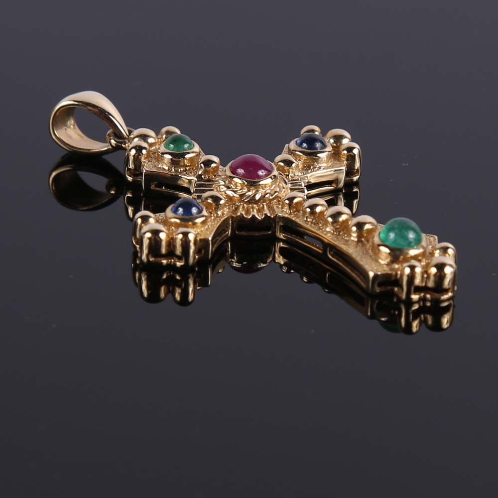 14K Gold Precious Gemstone Bottonee Formee Cross Pendant