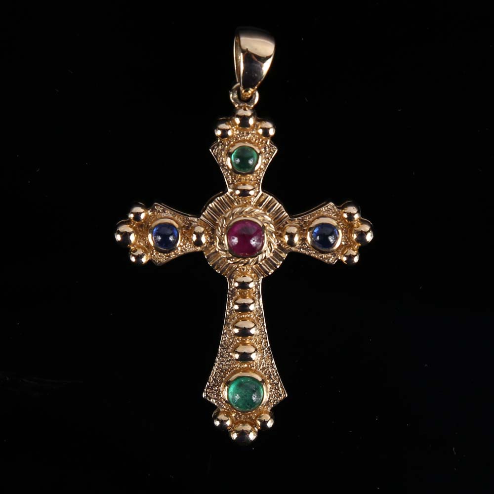 14K Gold Precious Gemstone Bottonee Formee Cross Pendant EBTH