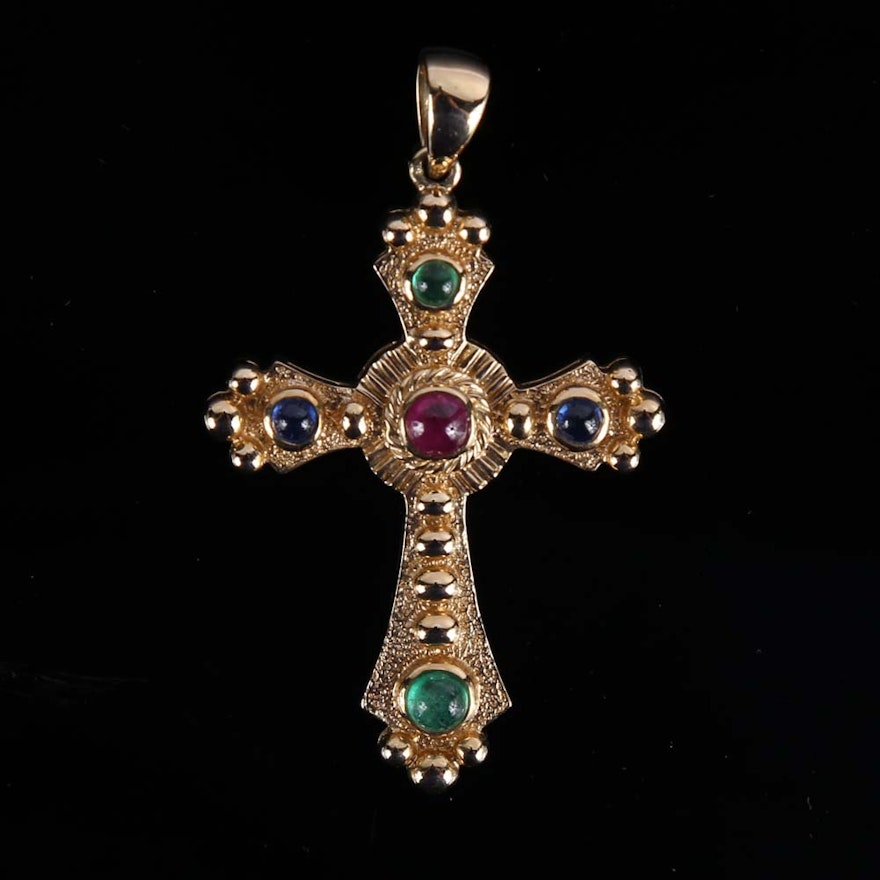 14K Gold Precious Gemstone Bottonee Formee Cross Pendant EBTH