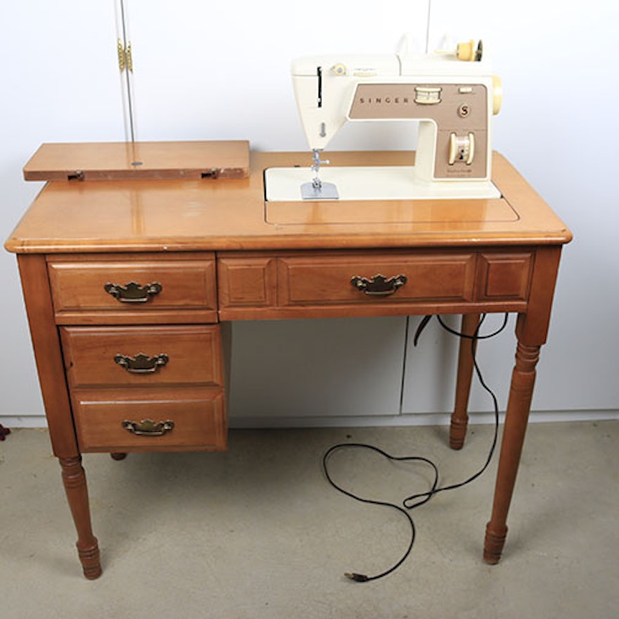 Vintage Singer Sewing Machine with Maple Cabinet