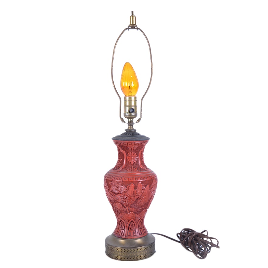 Chinese Carved Cinnabar Table Lamp