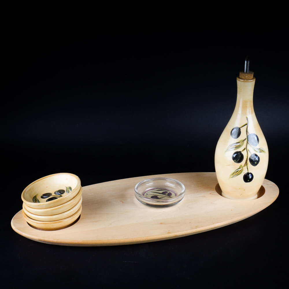 Hand-Painted Olive Oil Cruet and Dipping Bowl Set