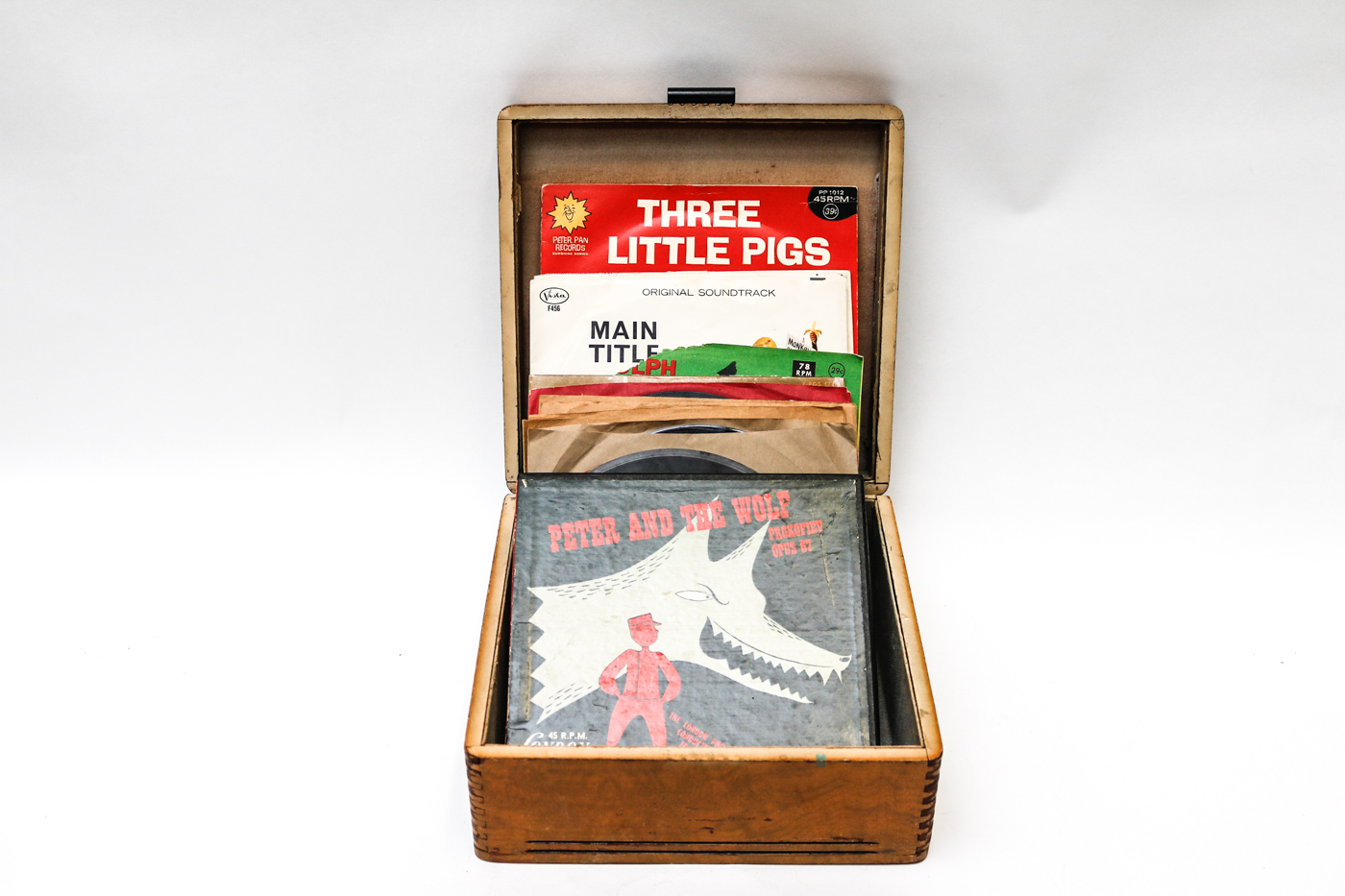 Archies, Other Children's Records in Vintage Wooden Storage Box