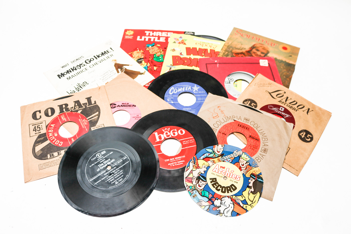 Archies, Other Children's Records in Vintage Wooden Storage Box