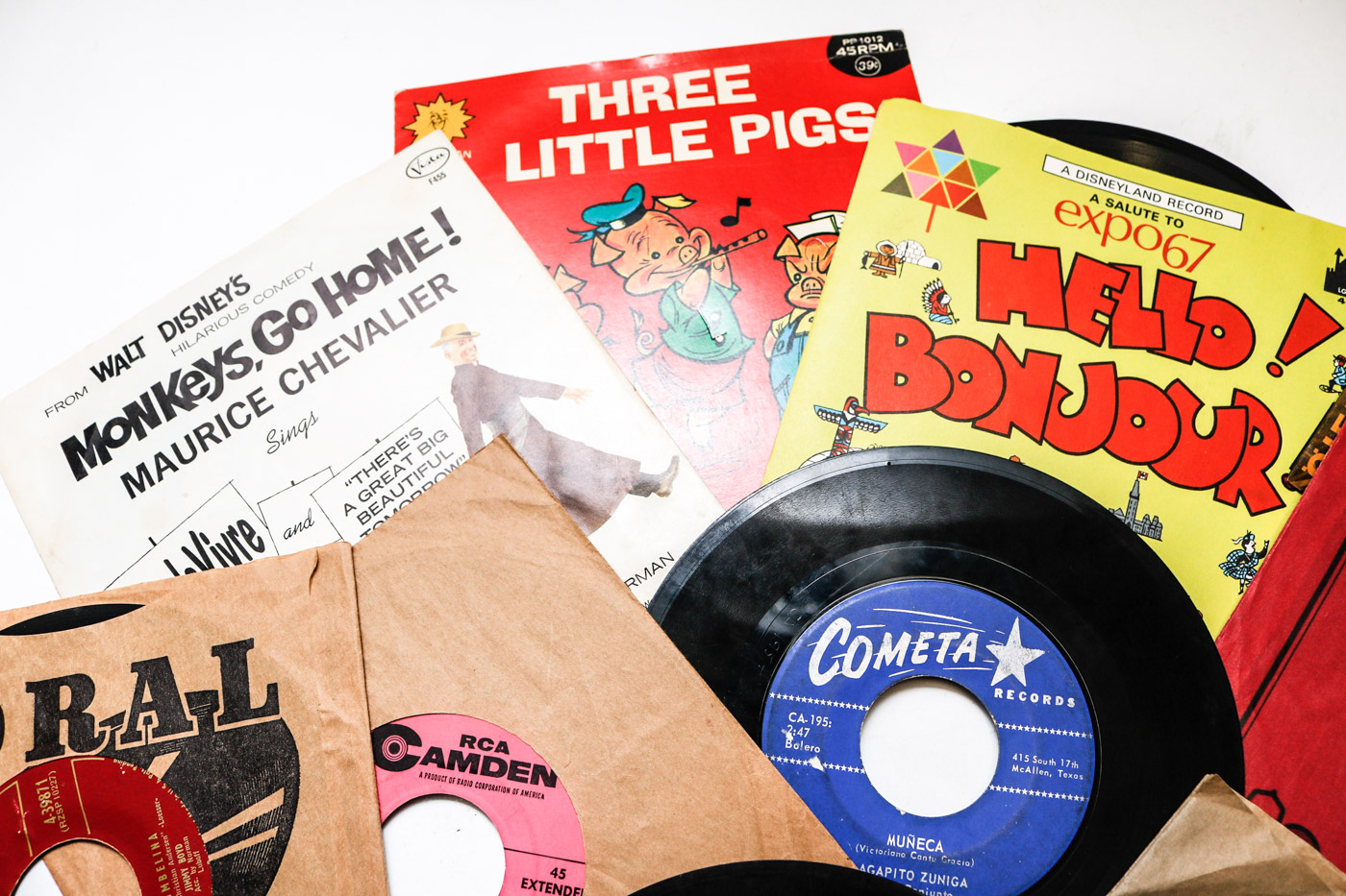 Archies, Other Children's Records in Vintage Wooden Storage Box