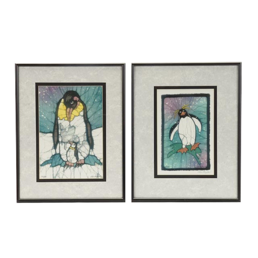 Pair of Kae Taylor Signed Digital Prints of Penguin Batiks