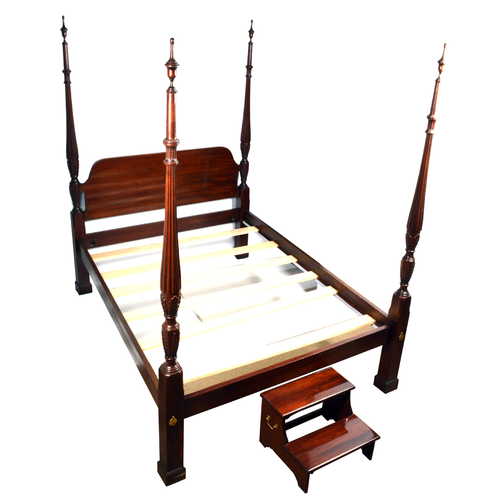 White of Mebane Queen Size Mahogany Canopy Bed with Step Stool