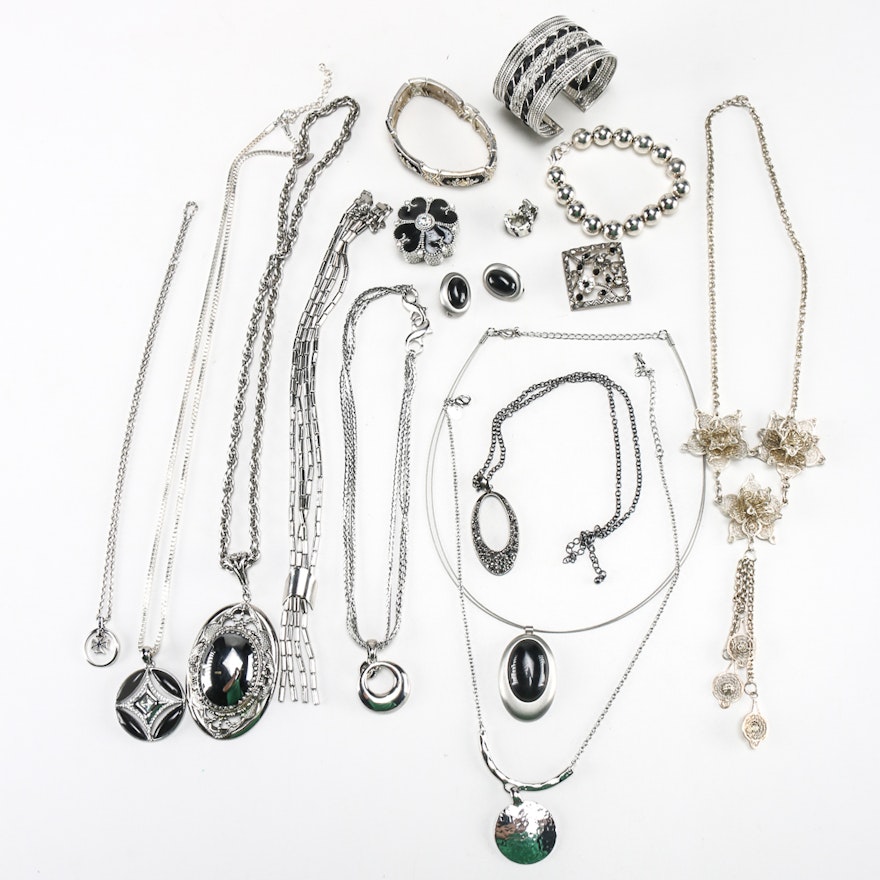 Silver Tone and Black Costume Jewelry.