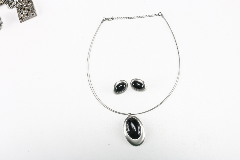 Silver Tone and Black Costume Jewelry.