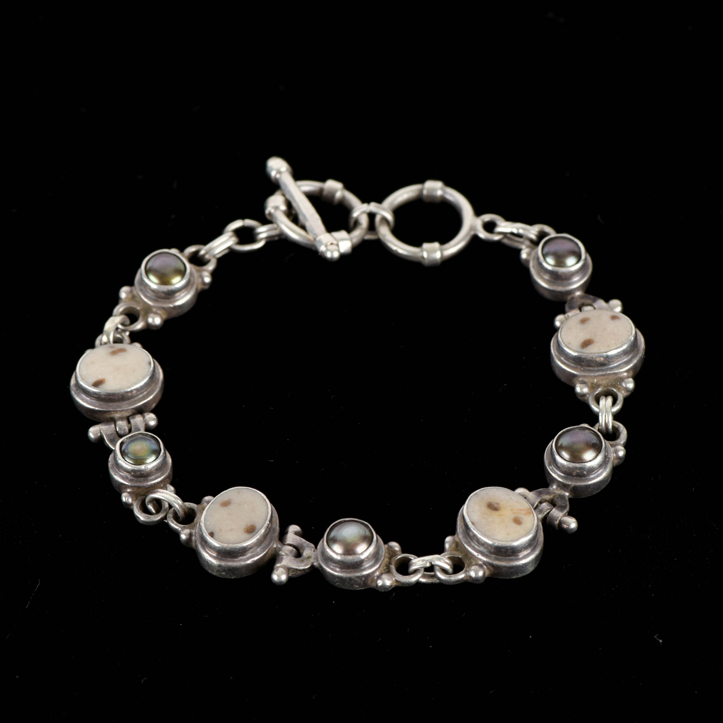 Sterling Silver, Stone, and Freshwater Pearl Link Bracelet