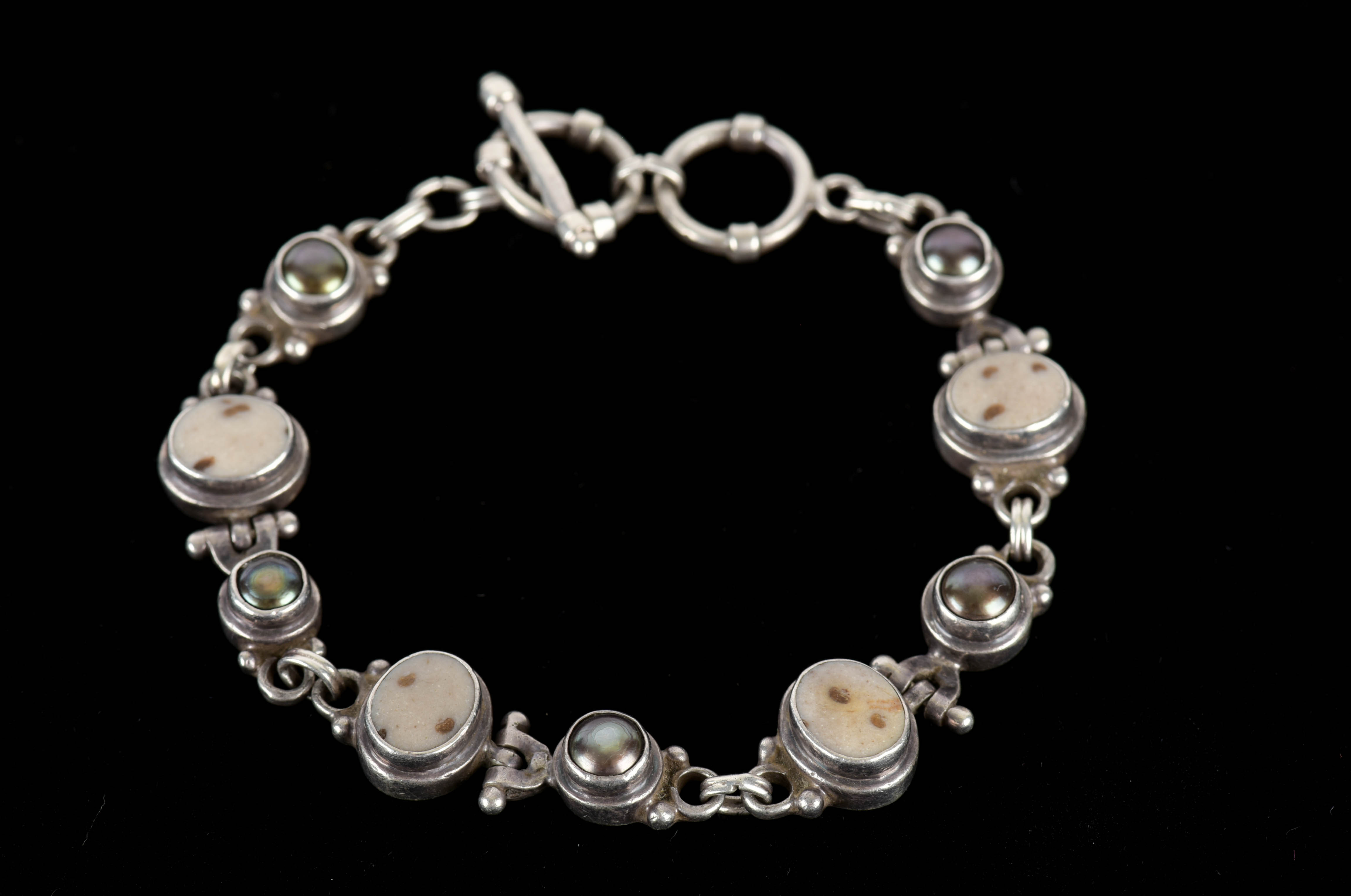 Sterling Silver, Stone, and Freshwater Pearl Link Bracelet