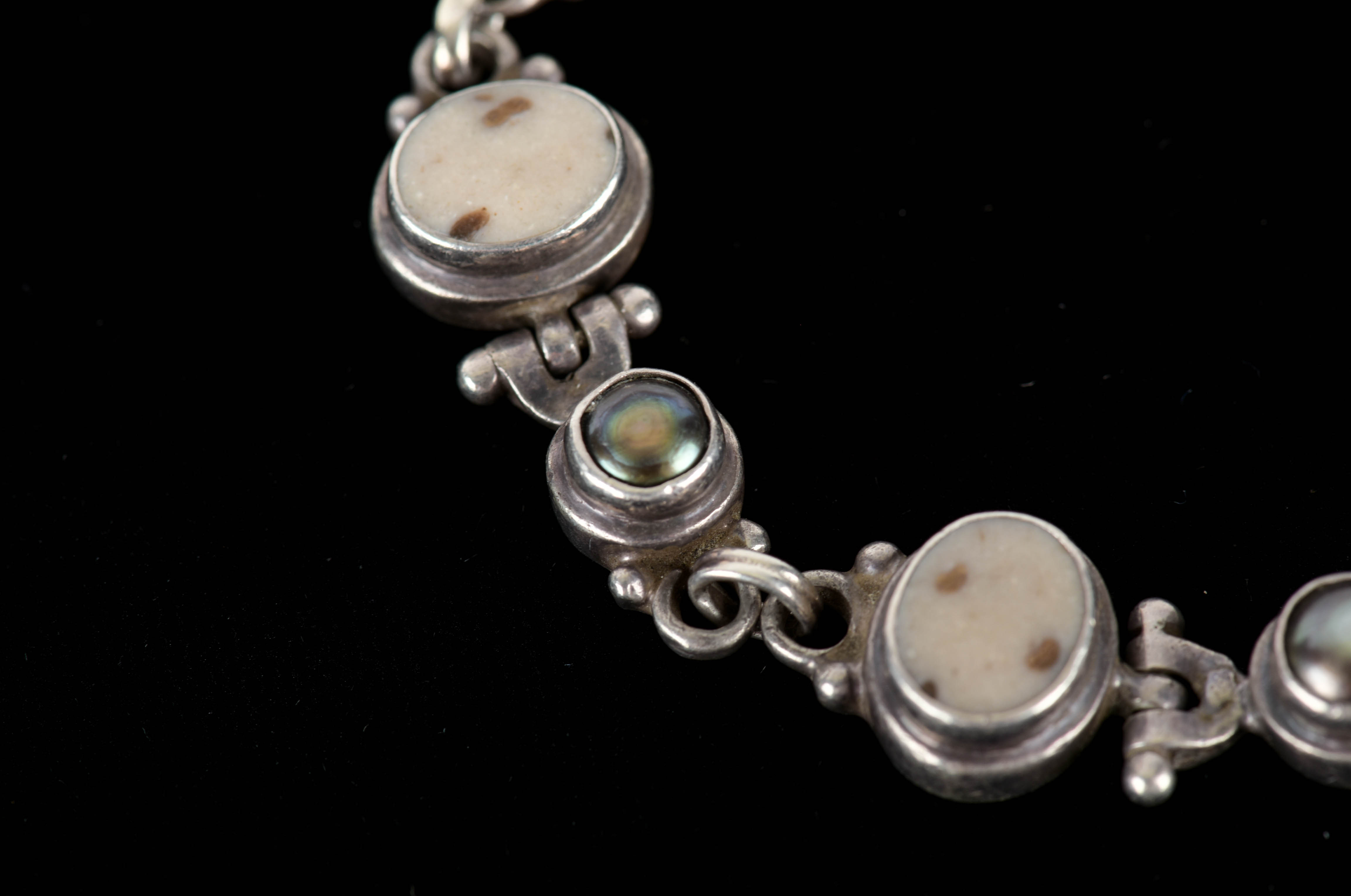 Sterling Silver, Stone, and Freshwater Pearl Link Bracelet