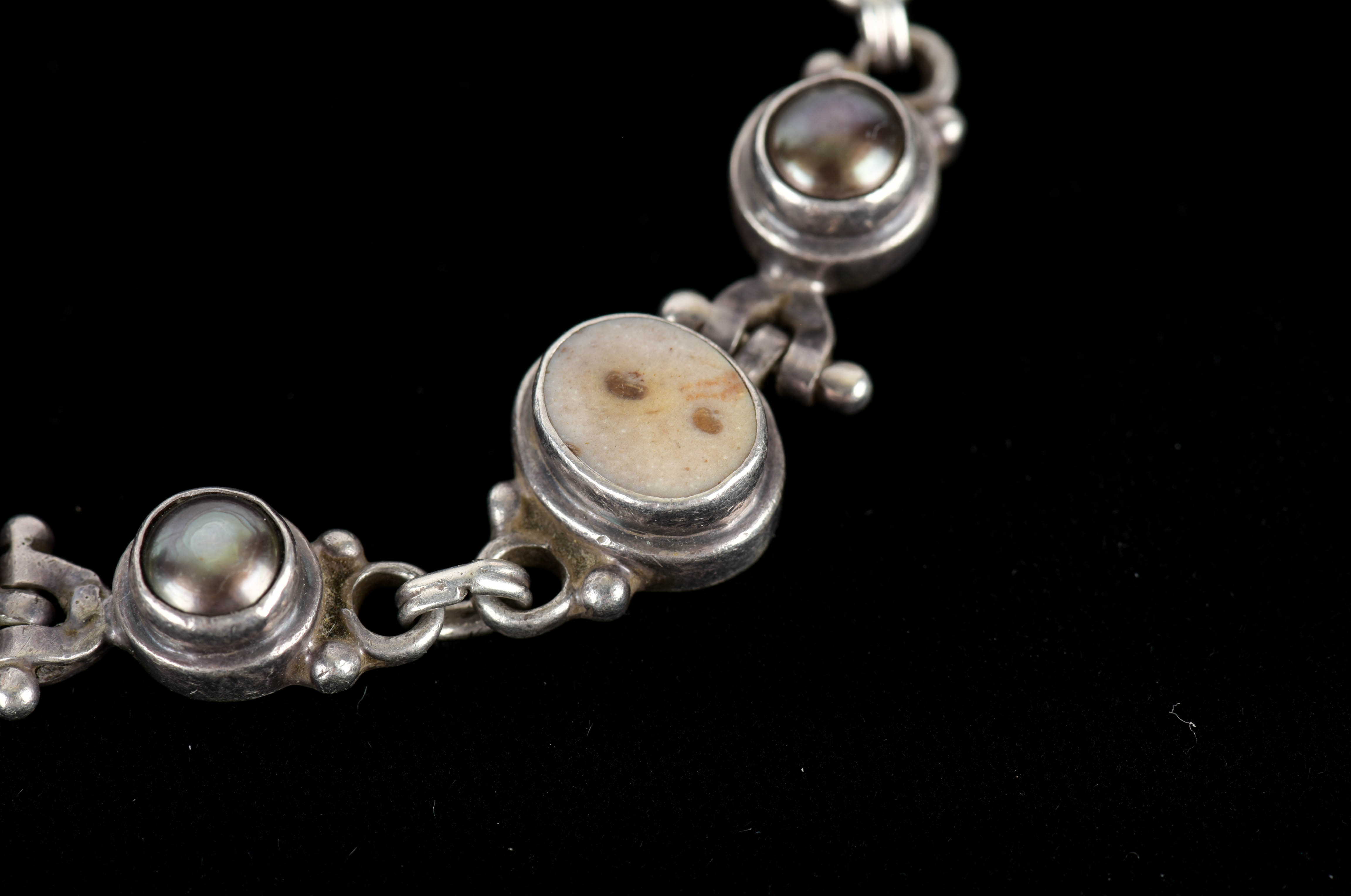 Sterling Silver, Stone, and Freshwater Pearl Link Bracelet