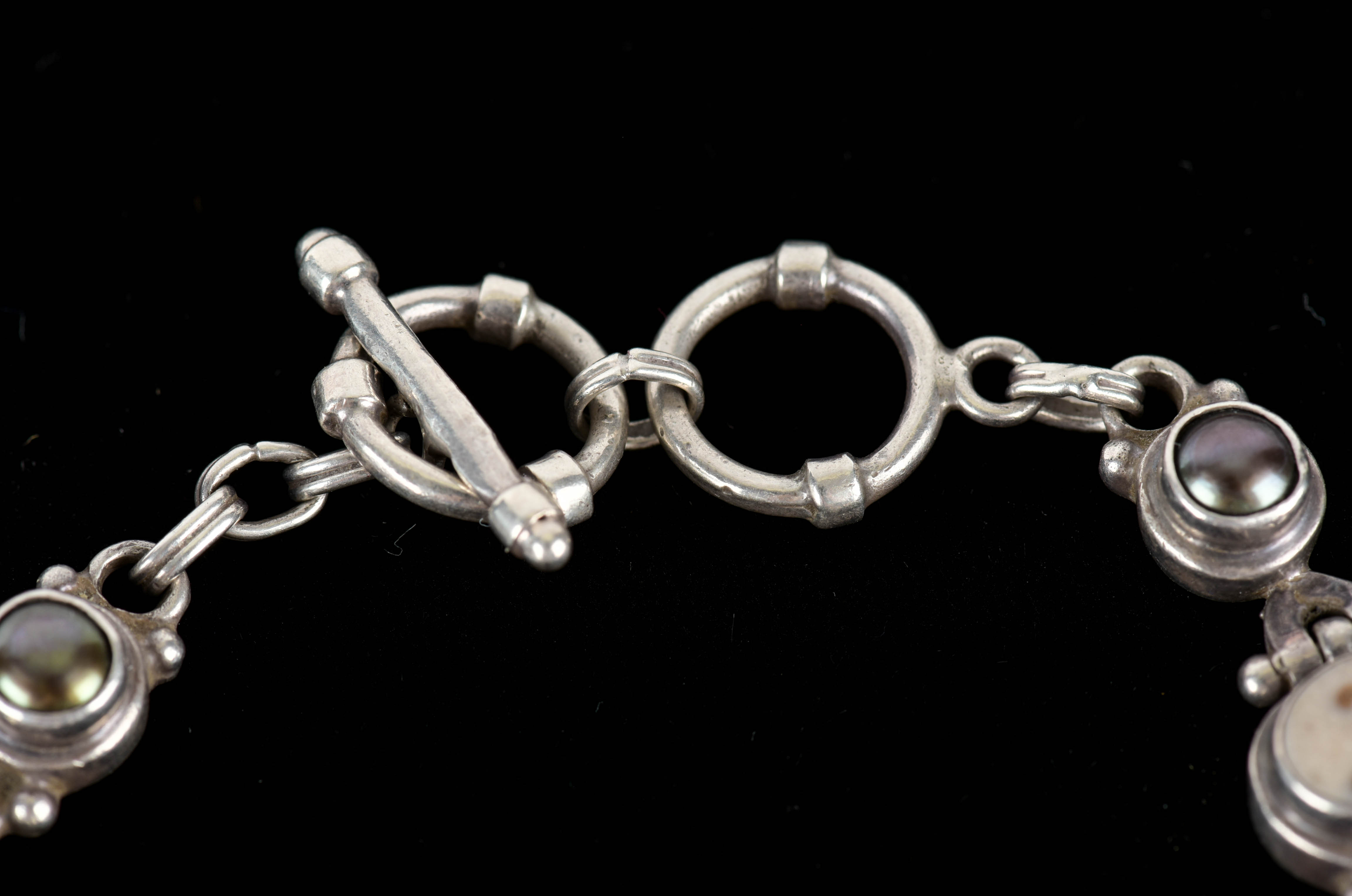 Sterling Silver, Stone, and Freshwater Pearl Link Bracelet