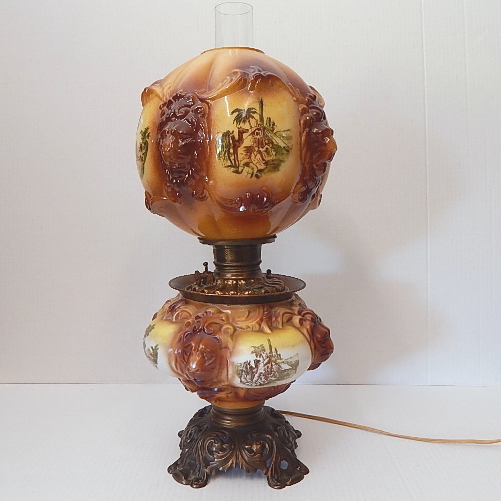 Victorian Era Electrified Gone with the Wind Lamp w/Lions Head