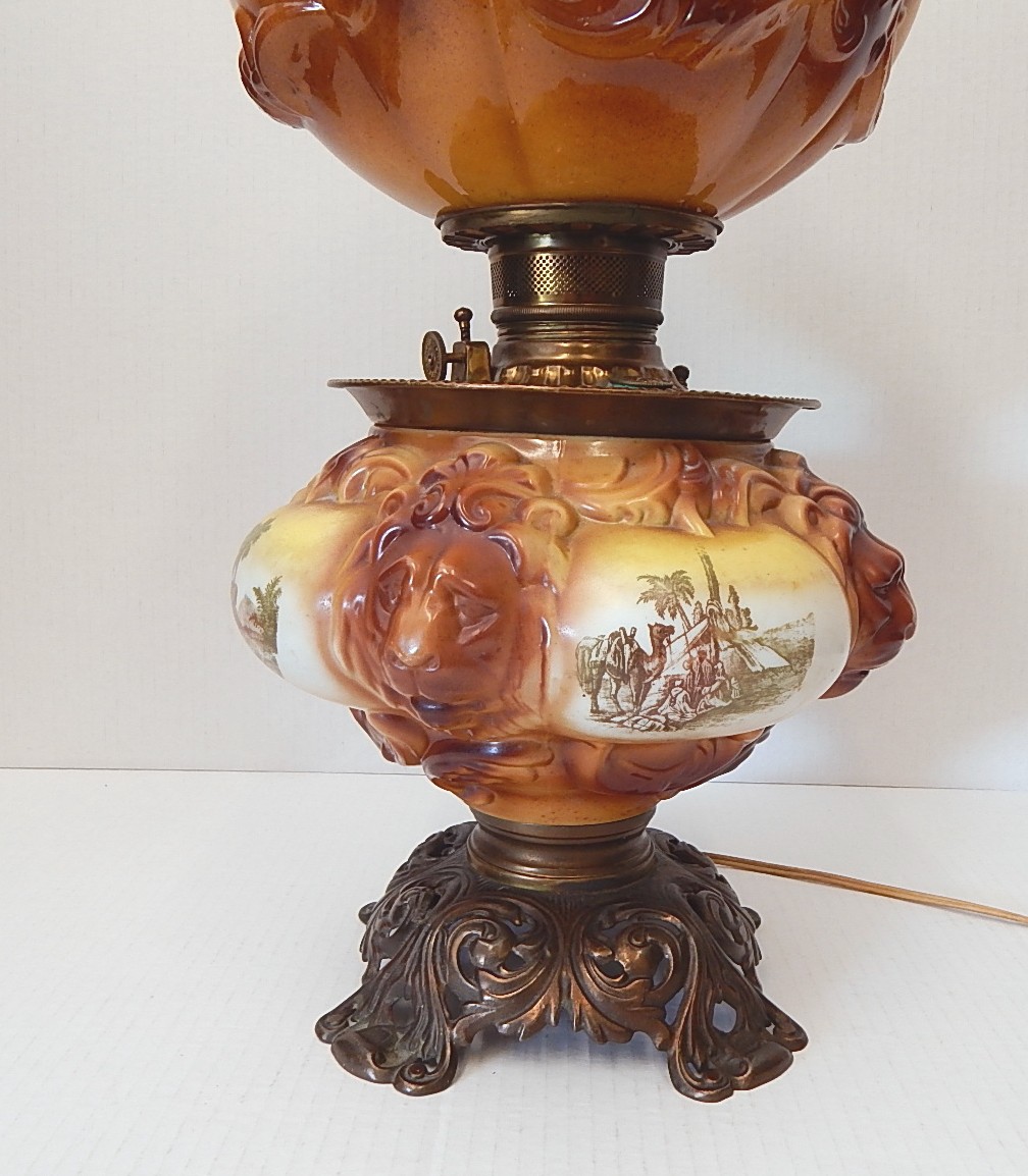Victorian Era Electrified Gone with the Wind Lamp w/Lions Head