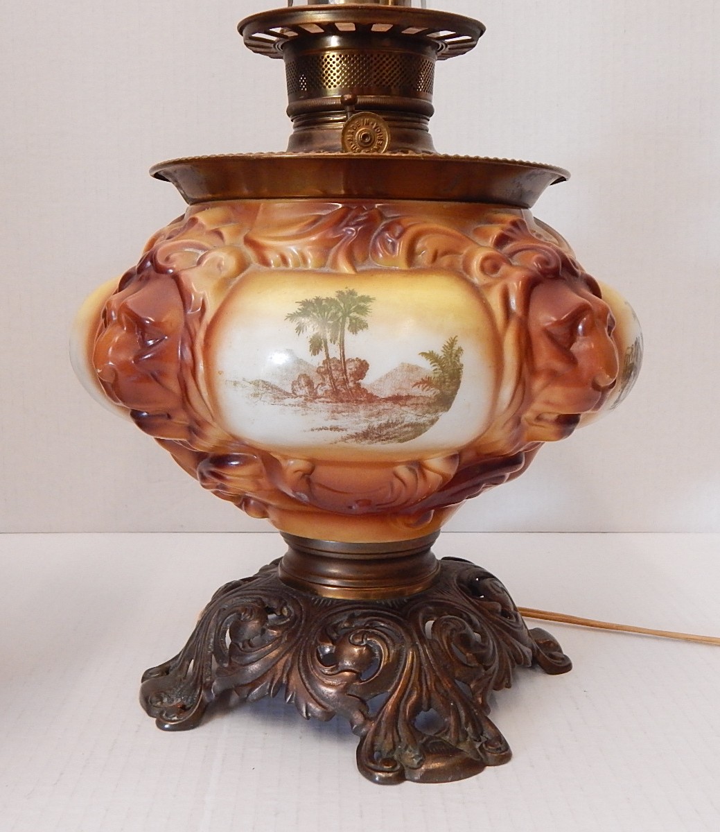 Victorian Era Electrified Gone with the Wind Lamp w/Lions Head