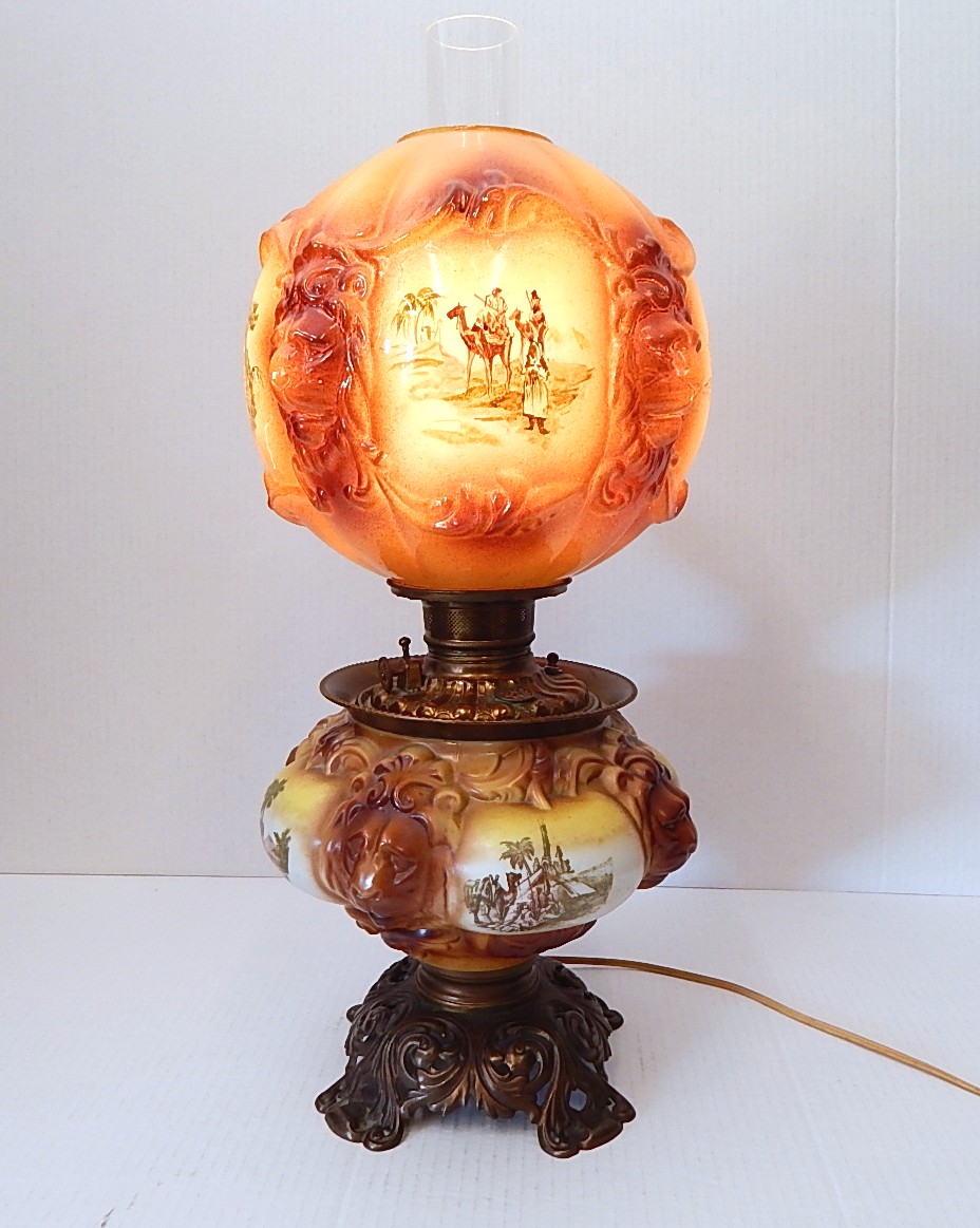 Victorian Era Electrified Gone with the Wind Lamp w/Lions Head