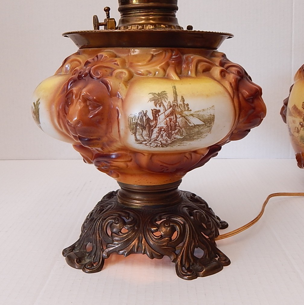 Victorian Era Electrified Gone with the Wind Lamp w/Lions Head