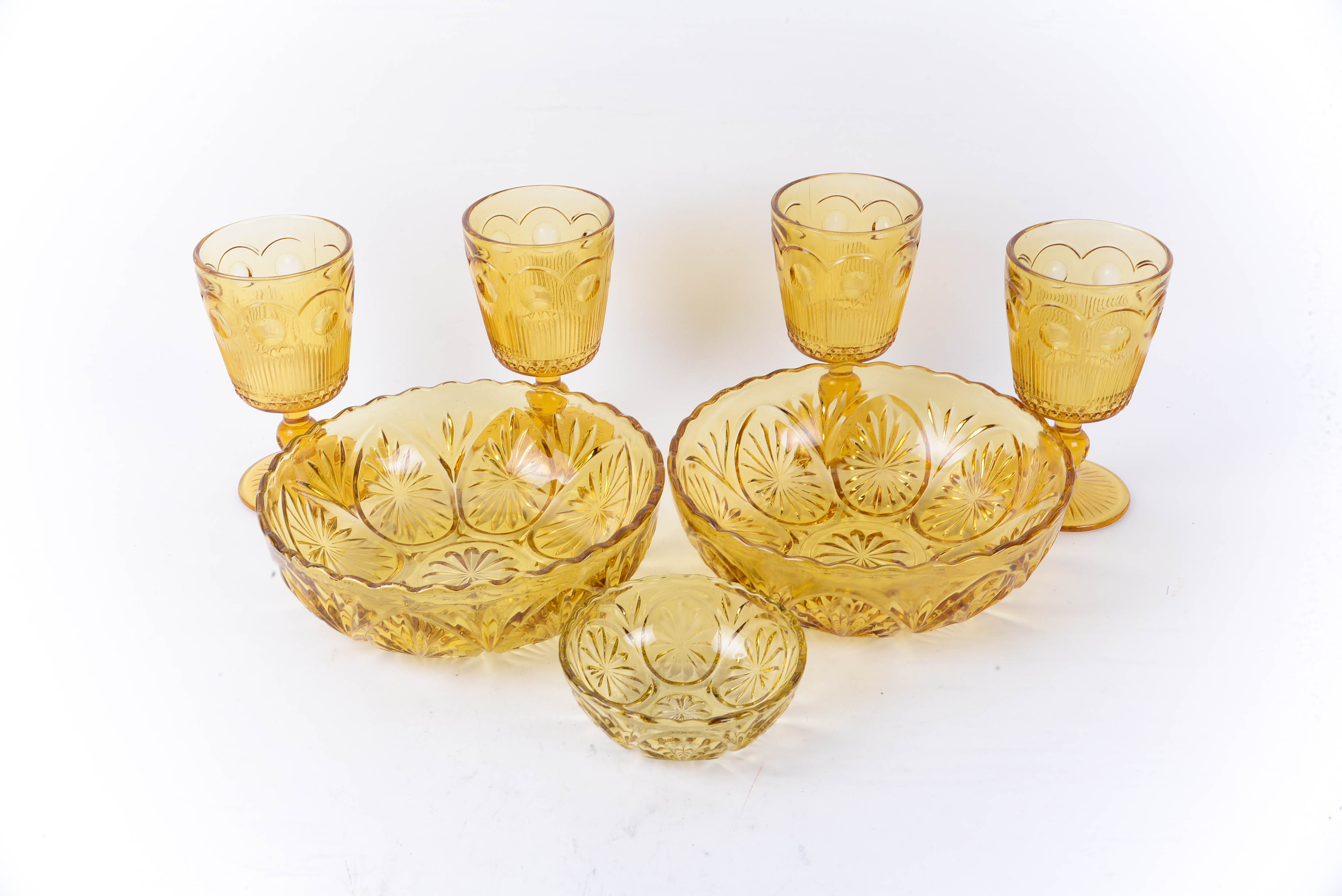 Set of Amber Colored Goblets and Bowls