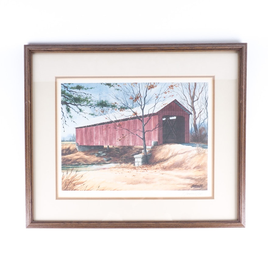 Framed and Signed Print of "Graham Covered Bridge" by Herman Fox