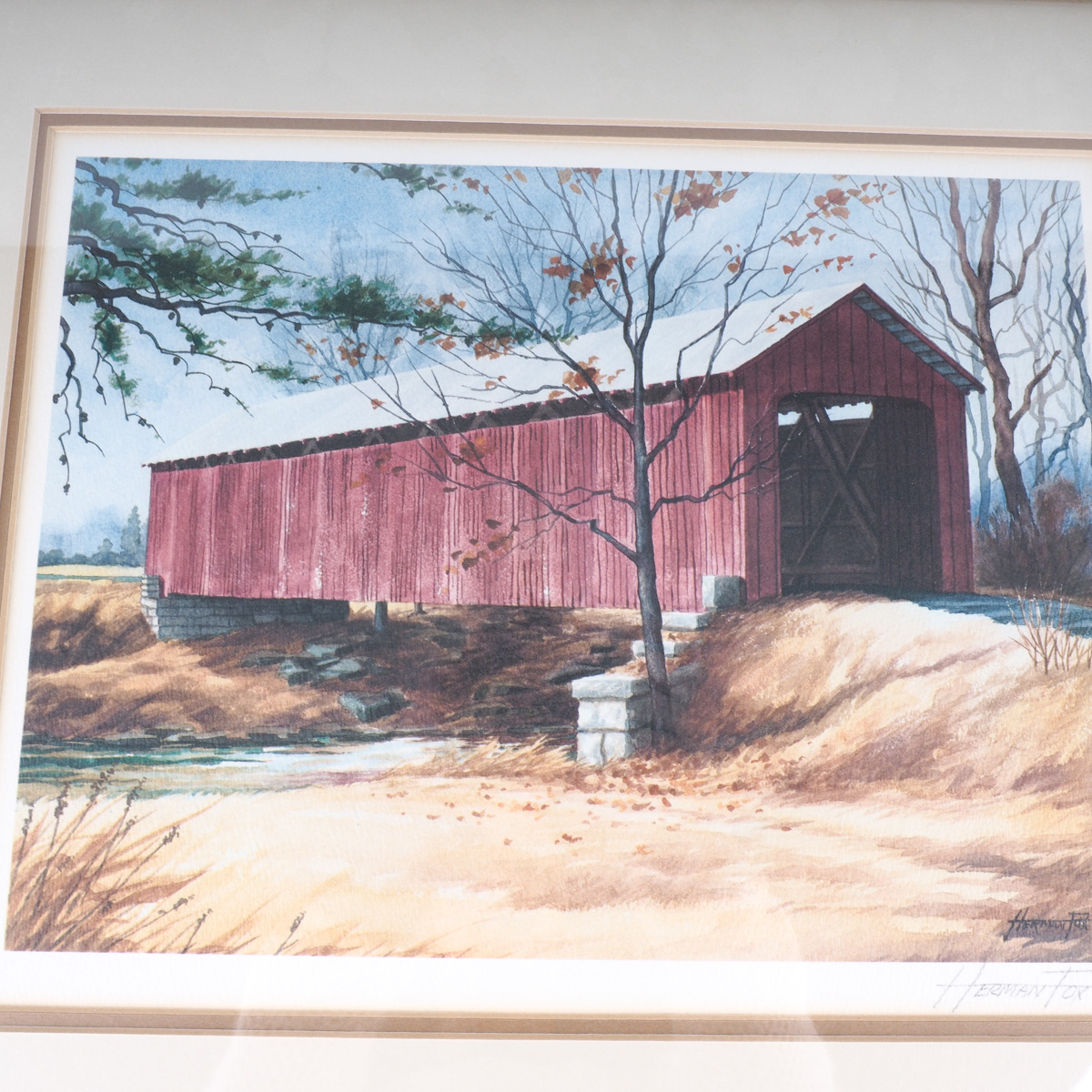 Framed and Signed Print of "Graham Covered Bridge" by Herman Fox