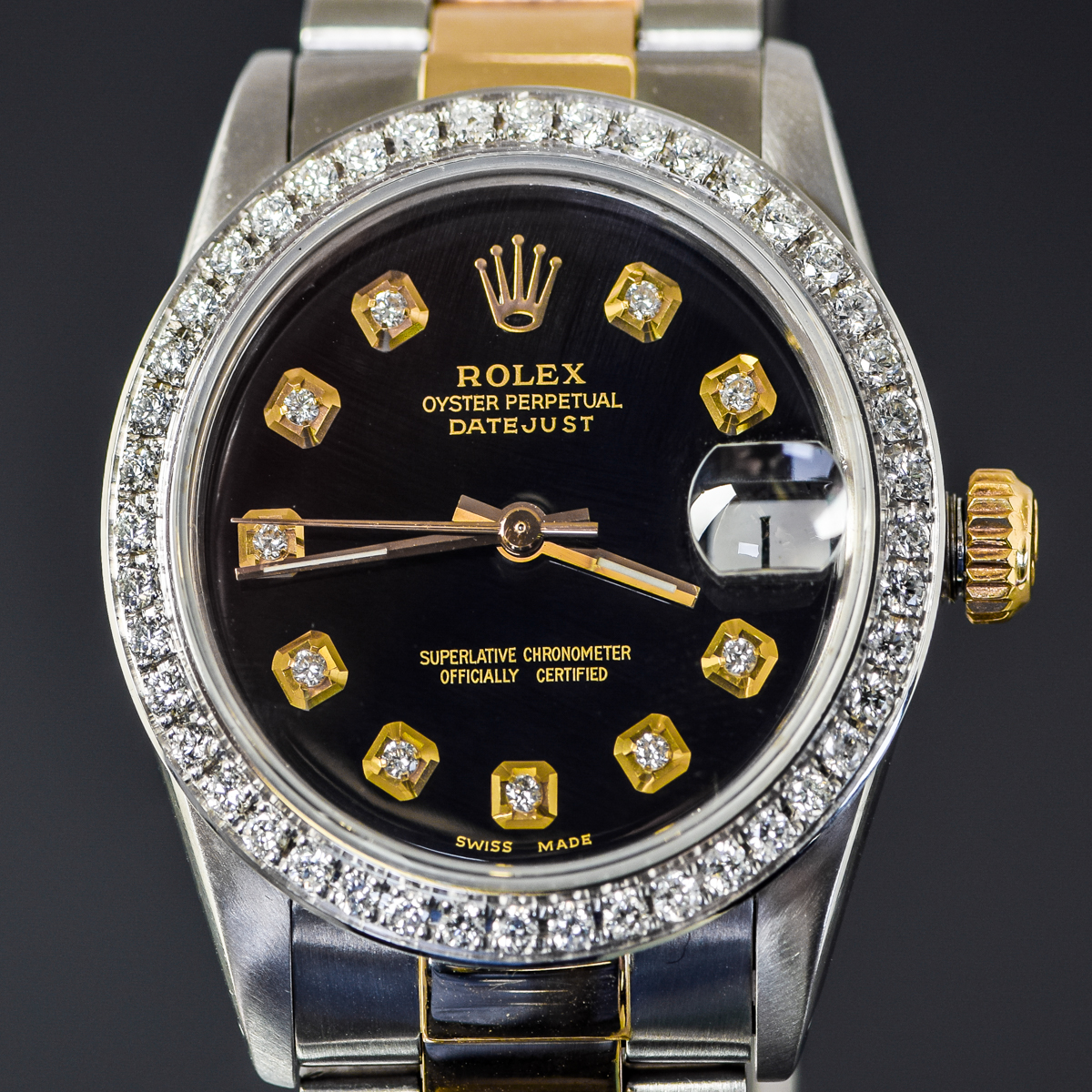 Mid-Size Rolex Datejust Two-Tone 18K Yellow Gold and Diamond Watch with Oyster Bracelet