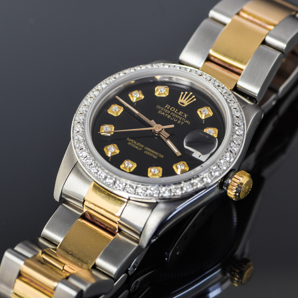 Mid-Size Rolex Datejust Two-Tone 18K Yellow Gold and Diamond Watch with Oyster Bracelet