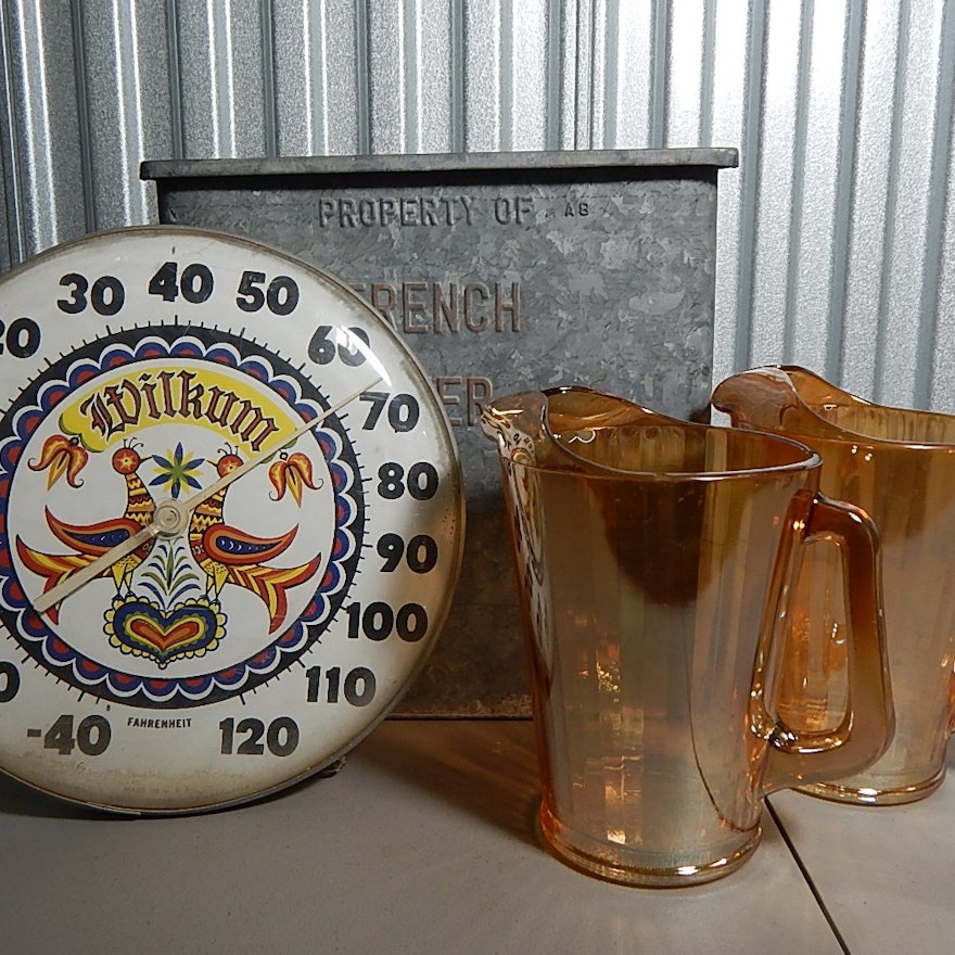 Vintage Collectibles - French Bauer Cooler, Carnival Glass Pitchers, Wall Thermometer
