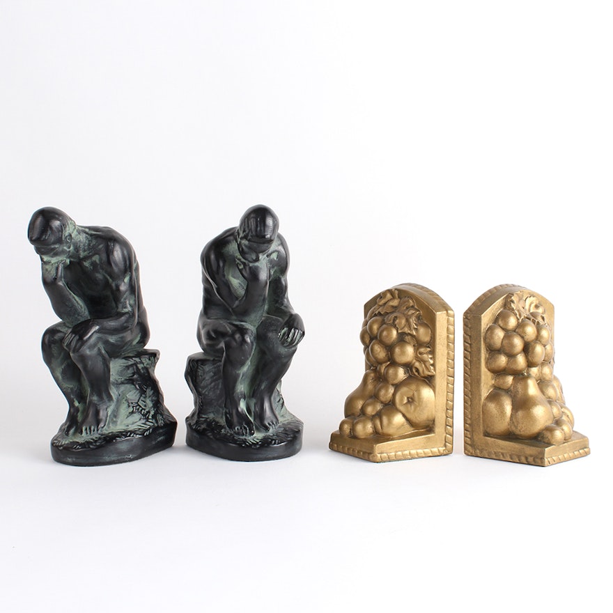 Thinker Statue and Fruit Bunch Ceramic Bookends