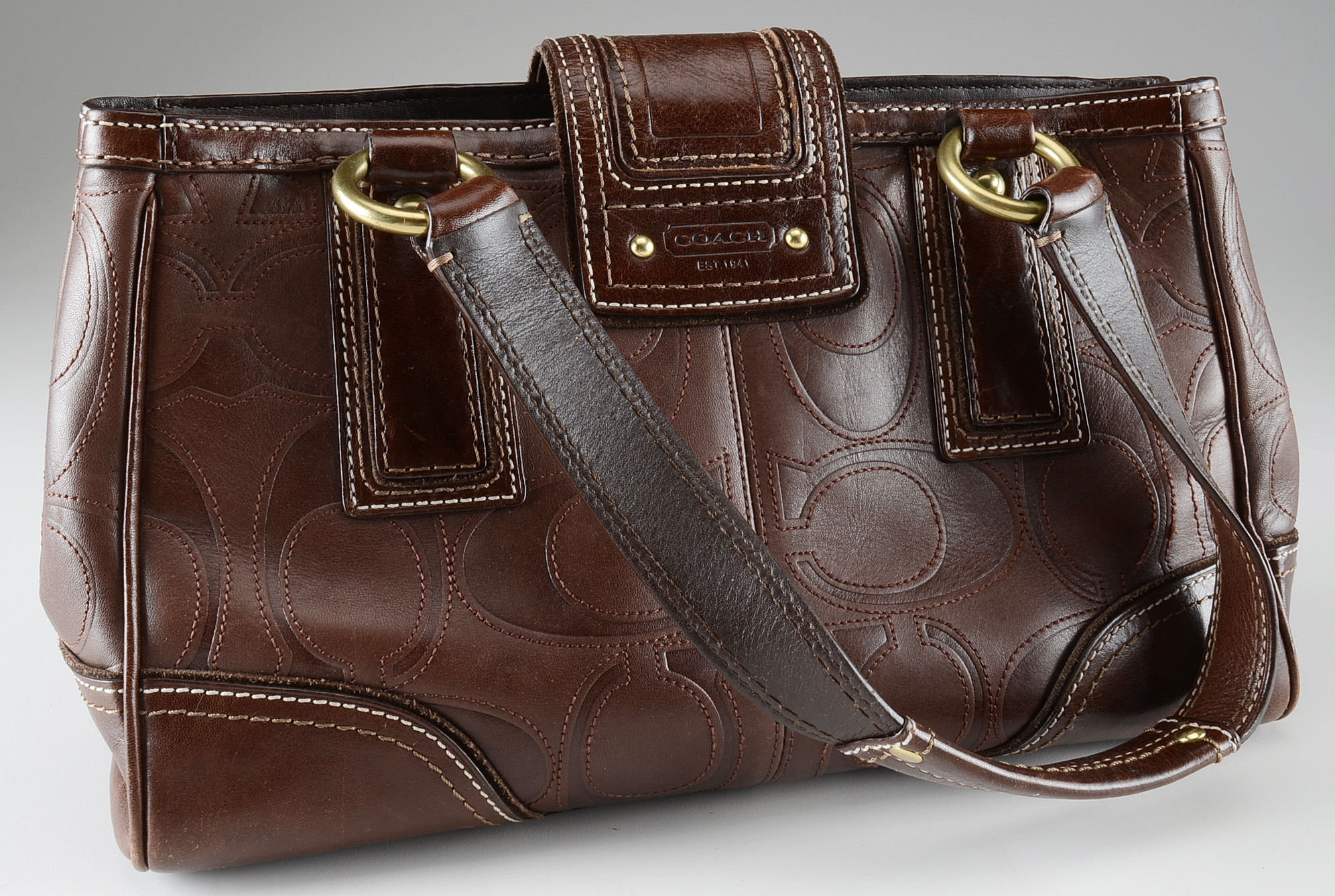 Coach Hampton Leather Embossed Stitched Signature Shoulder Bag