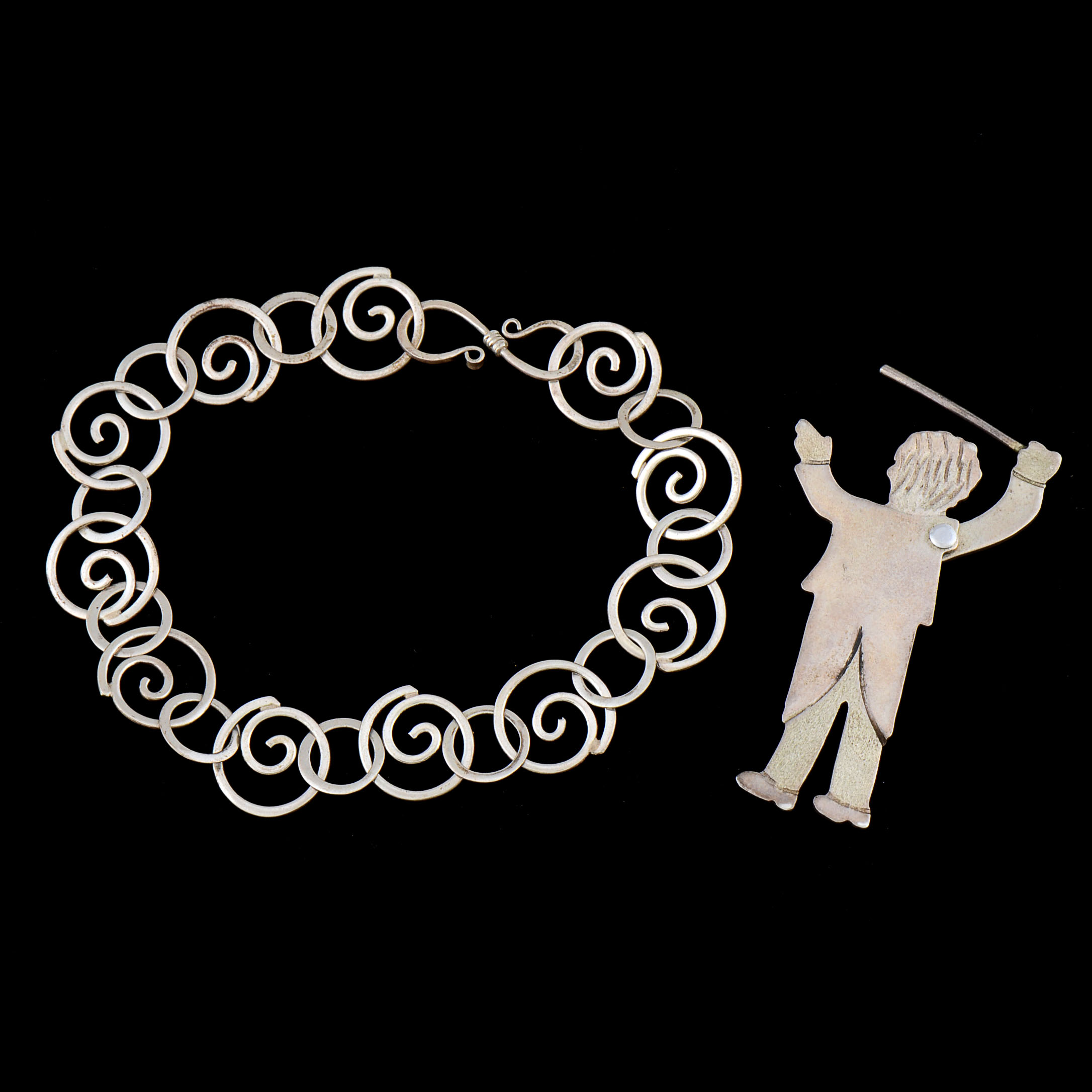 Handmade Silver Link Bracelet and Sterling Silver "Conductor" Pin