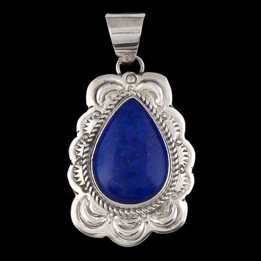 Marcella James Native American Navajo Sterling Silver and Lapis Lazuli Drop Pendant