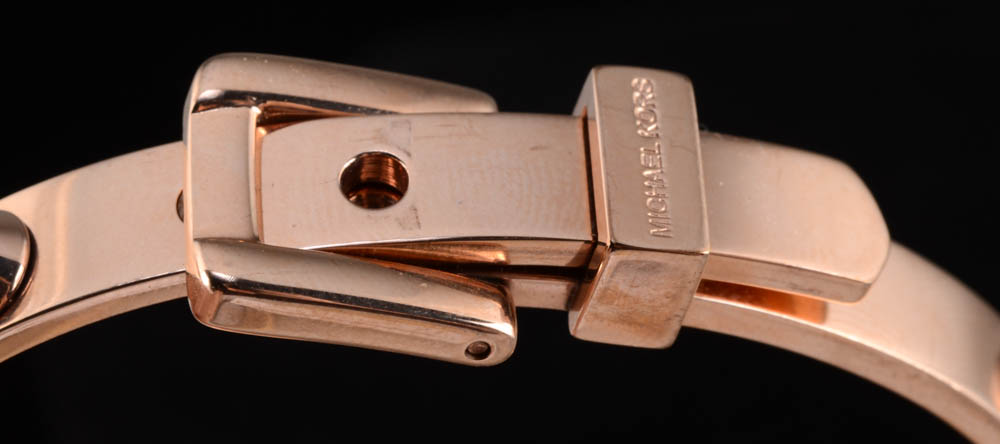 Michael Kors Hinge Buckle Designer Bracelet in a Rose Goldtone Finish