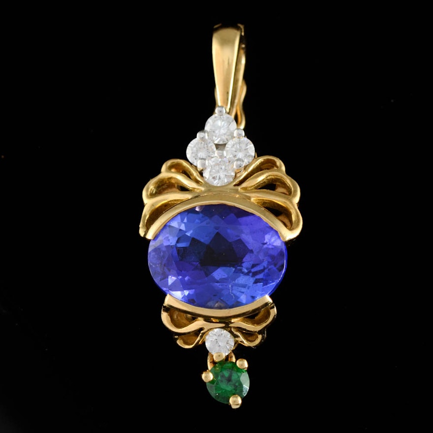 18K Yellow Gold, Platinum, Tanzanite, Tsavorite Garnet and Diamond Openwork Pendant