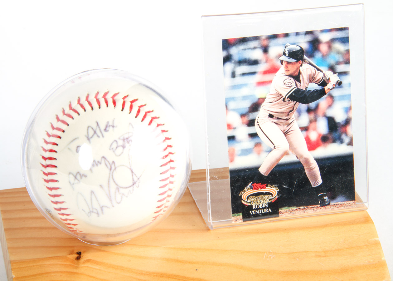 Collection of Baseball Cards and Autographed Robin Ventura Baseball
