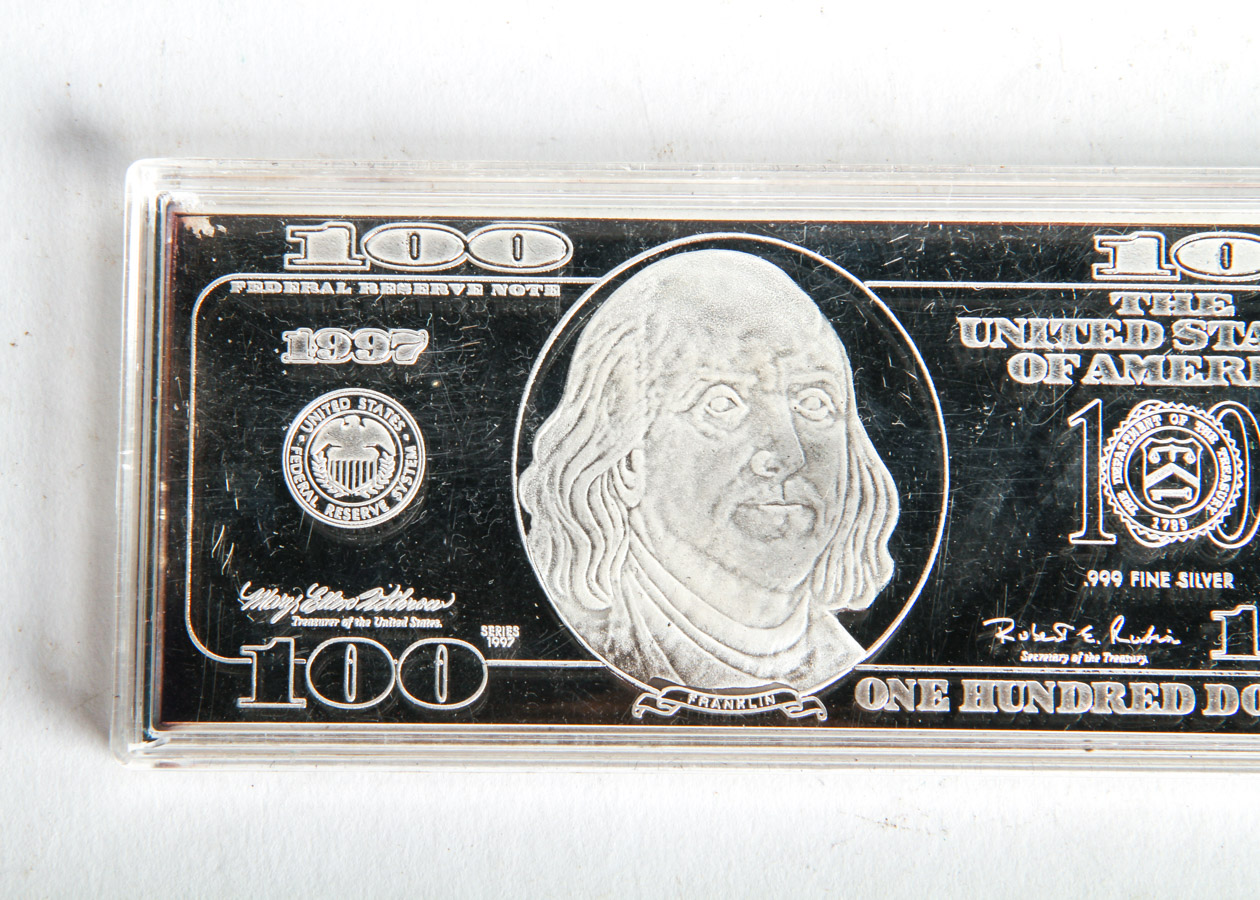 1997 Washington Mint $100 Four Troy Ounce .999 Fine Silver Bar