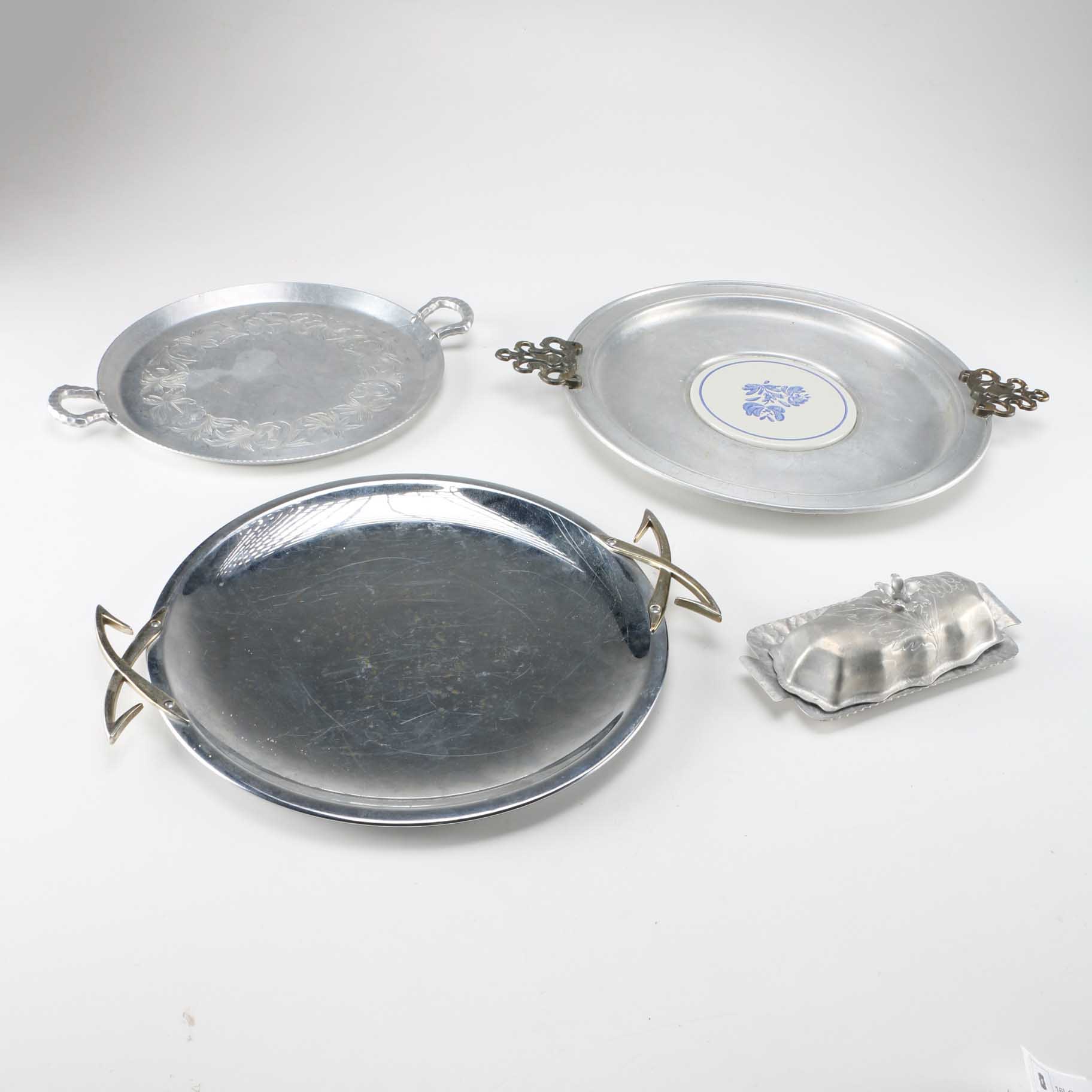 Three Vintage Aluminum Trays and Butter Dish