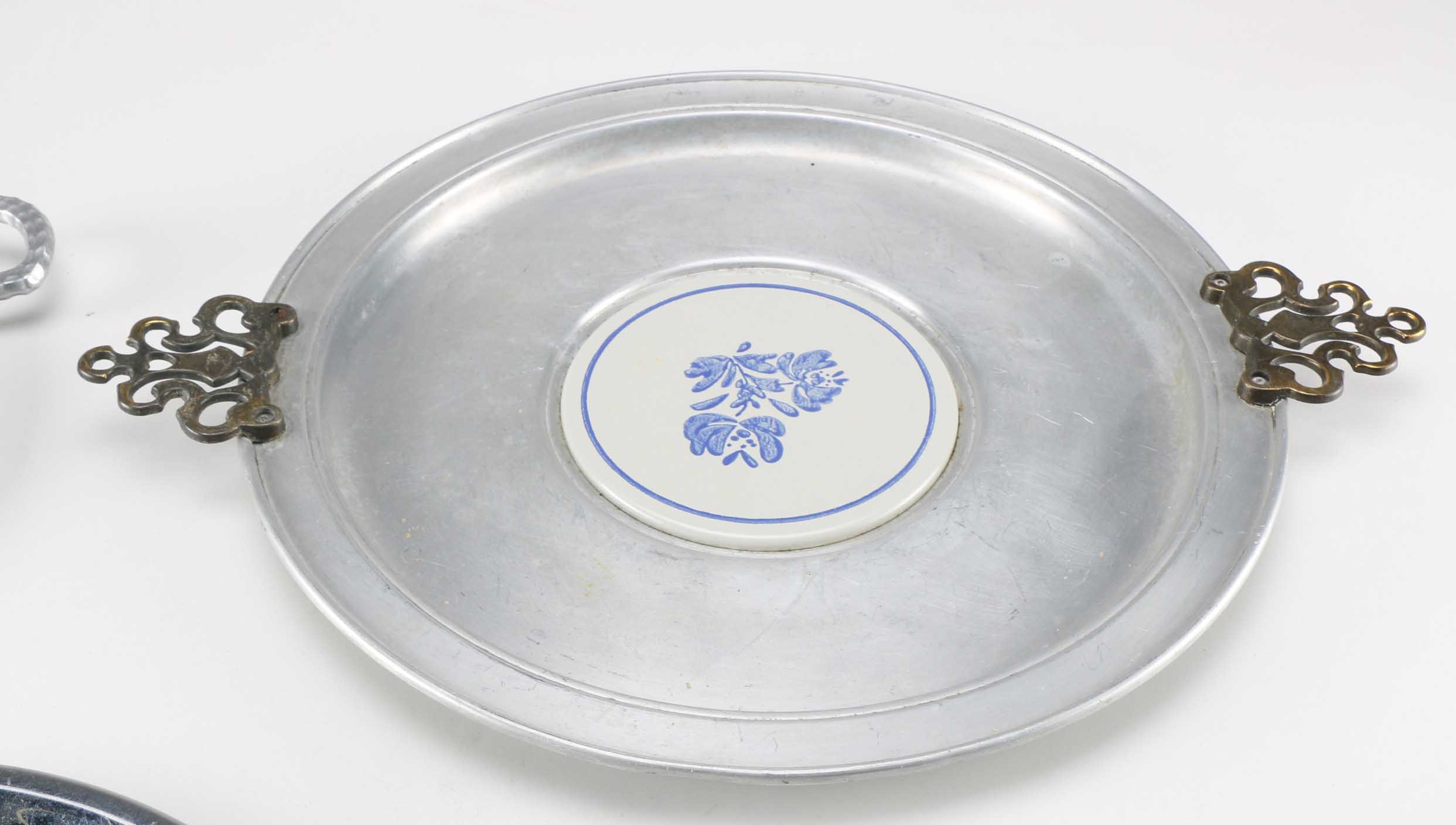 Three Vintage Aluminum Trays and Butter Dish