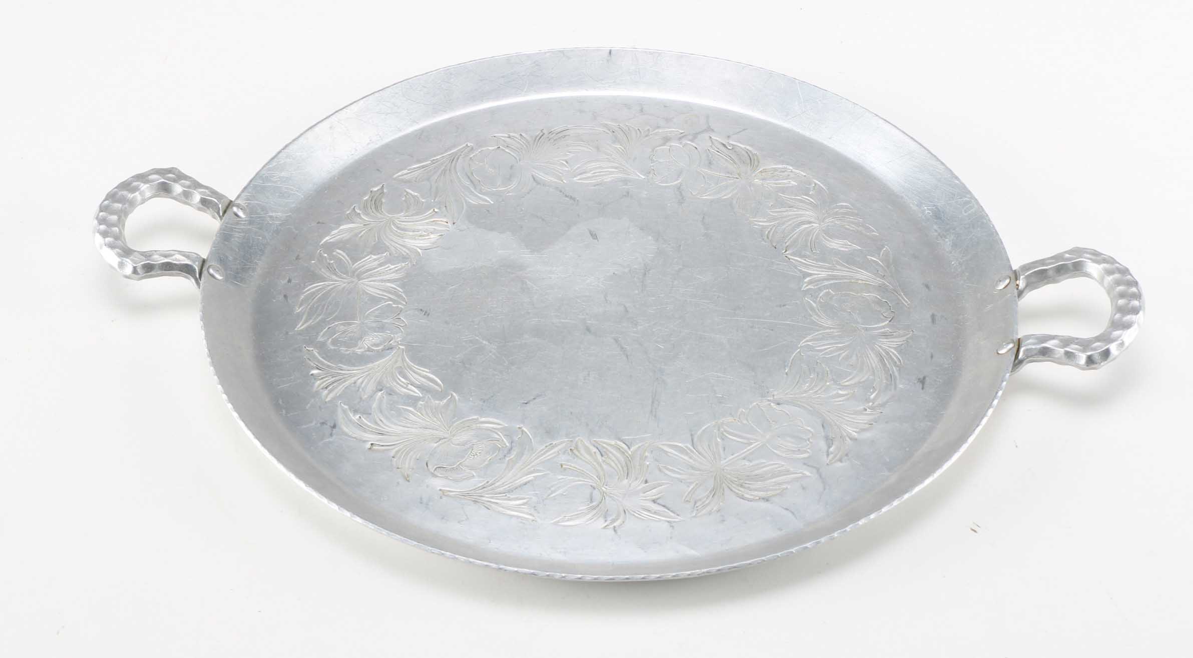 Three Vintage Aluminum Trays and Butter Dish