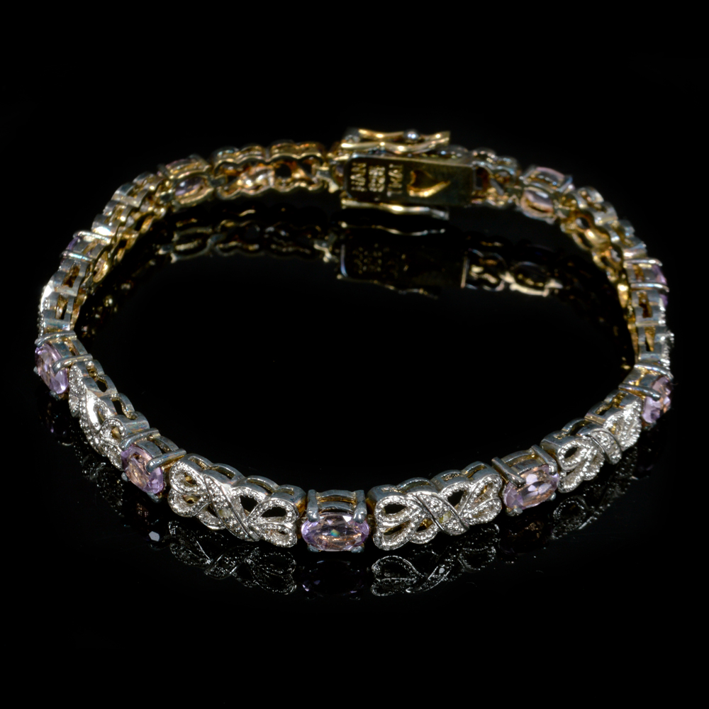 Sterling Silver Amethyst and Diamond Bracelet