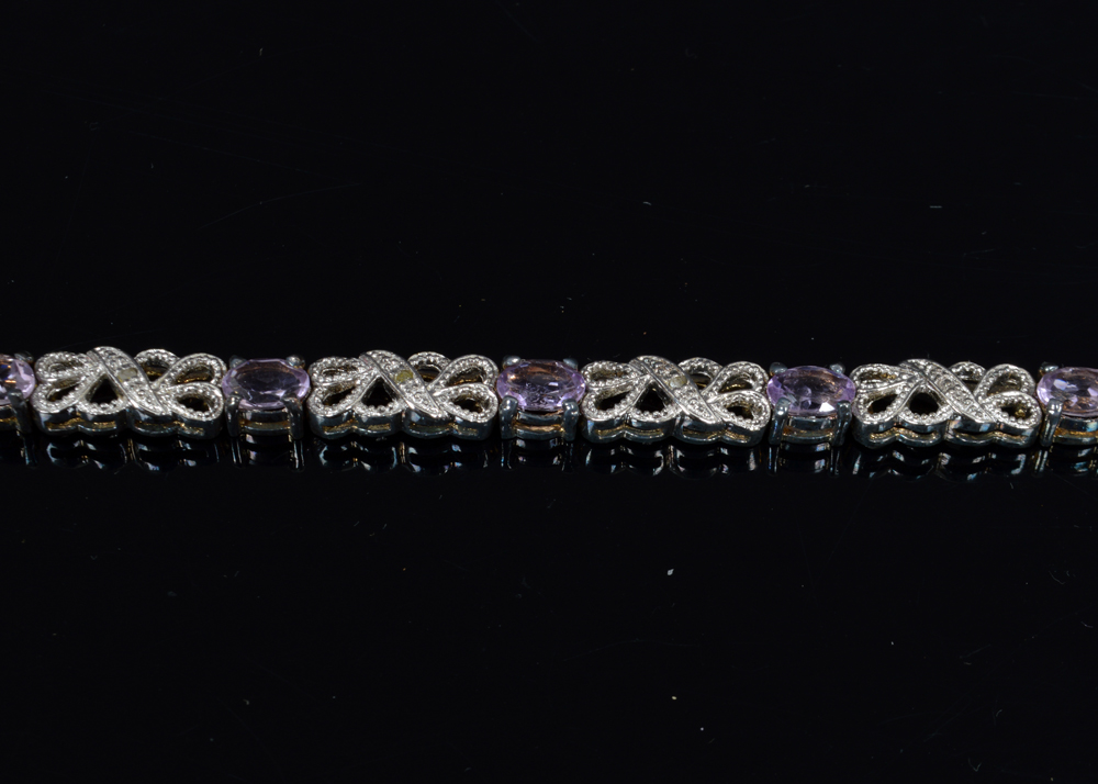 Sterling Silver Amethyst and Diamond Bracelet