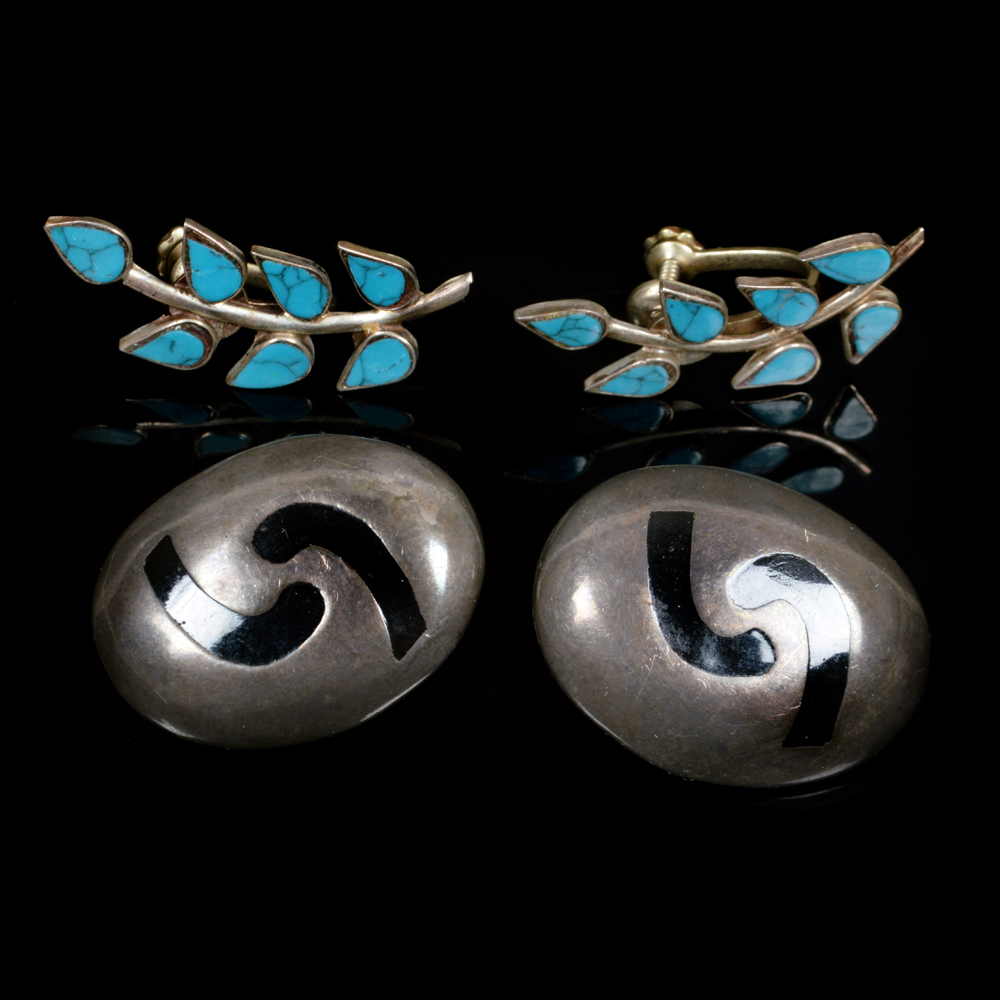 Two Pairs Of Vintage Mexican Sterling Earrings