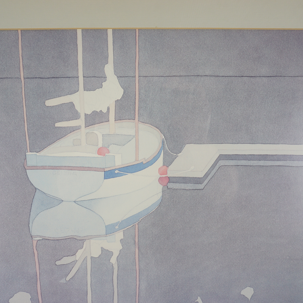 1983 Mark Adams Watercolor of a Boat and Dock