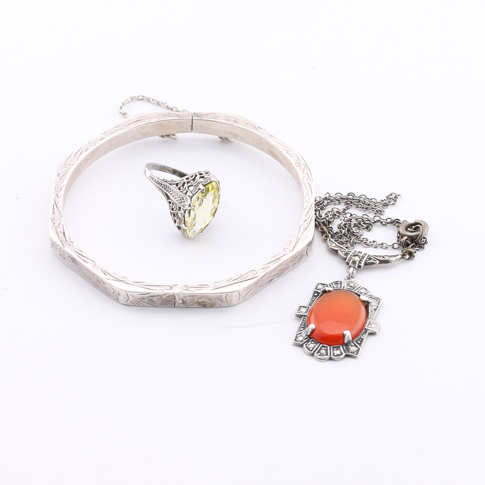 Sterling Silver Carnelian Marcasite Yellow Cubic Zirconia Jewelry