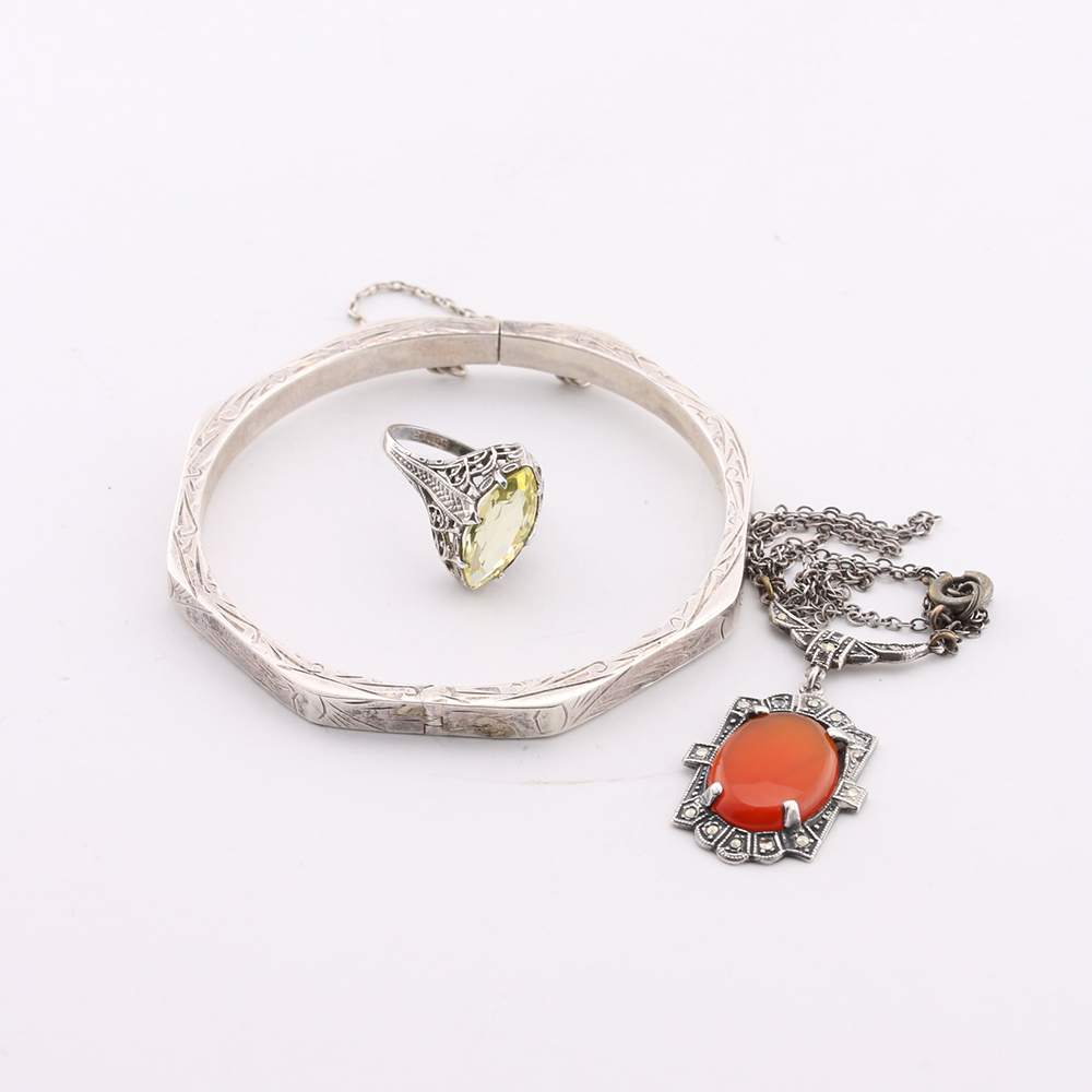 Sterling Silver Carnelian Marcasite Yellow Cubic Zirconia Jewelry