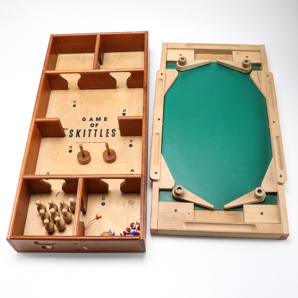 Wooden Tabletop Games Featuring Pinball and Skittles