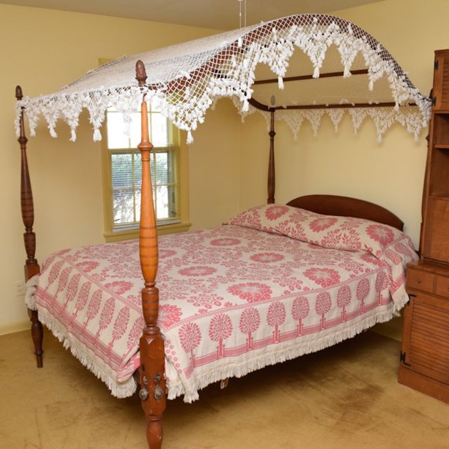 Antique Queen-Sized Four-Poster Pine Bed